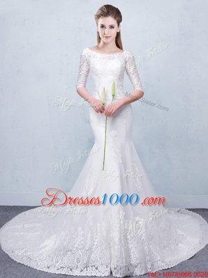 Shining Mermaid White Scoop Lace Up Lace Wedding Gown Court Train Half Sleeves