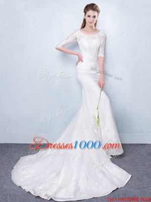 Shining Mermaid White Scoop Lace Up Lace Wedding Gown Court Train Half Sleeves