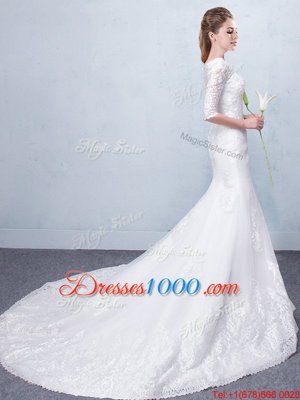 Shining Mermaid White Scoop Lace Up Lace Wedding Gown Court Train Half Sleeves