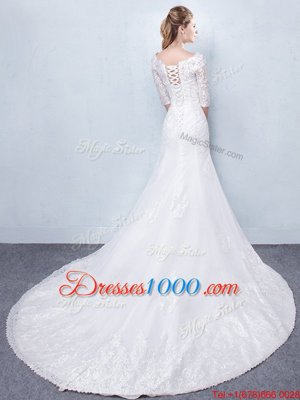 Shining Mermaid White Scoop Lace Up Lace Wedding Gown Court Train Half Sleeves