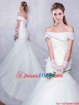 Suitable Off the Shoulder With Train Mermaid Sleeveless White Wedding Dress Court Train Lace Up