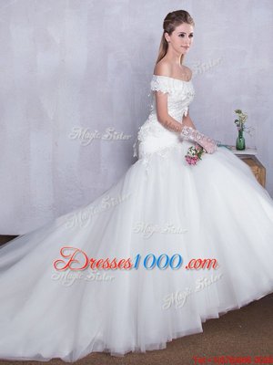 Suitable Off the Shoulder With Train Mermaid Sleeveless White Wedding Dress Court Train Lace Up