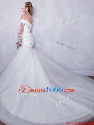 Suitable Off the Shoulder With Train Mermaid Sleeveless White Wedding Dress Court Train Lace Up