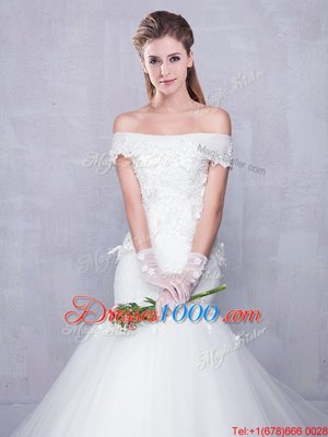 Suitable Off the Shoulder With Train Mermaid Sleeveless White Wedding Dress Court Train Lace Up