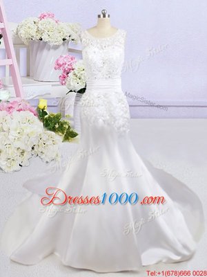 Classical Mermaid Backless Scoop Sleeveless Wedding Dresses Court Train Beading and Lace and Appliques White Satin