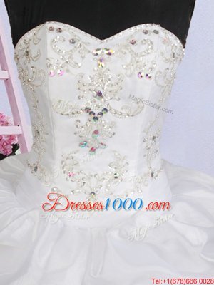 Pretty Organza Sleeveless With Train Wedding Dresses Brush Train and Beading and Appliques and Pick Ups