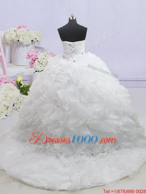 Sleeveless Brush Train Lace Up With Train Beading and Ruffled Layers Wedding Dress