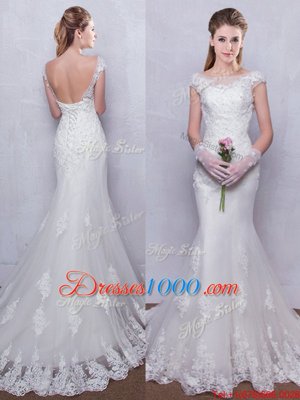 Pretty White Mermaid Scoop Cap Sleeves Tulle With Brush Train Backless Lace Wedding Dresses