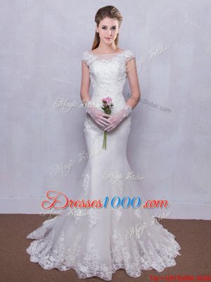 Pretty White Mermaid Scoop Cap Sleeves Tulle With Brush Train Backless Lace Wedding Dresses