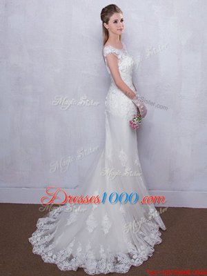 Pretty White Mermaid Scoop Cap Sleeves Tulle With Brush Train Backless Lace Wedding Dresses