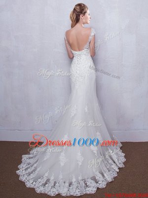 Pretty White Mermaid Scoop Cap Sleeves Tulle With Brush Train Backless Lace Wedding Dresses