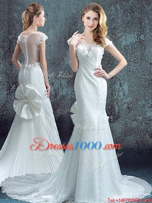 Mermaid Scoop White Chiffon and Lace Zipper Wedding Gowns Short Sleeves With Brush Train Lace and Bowknot and Pleated