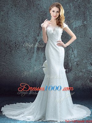 Mermaid Scoop White Chiffon and Lace Zipper Wedding Gowns Short Sleeves With Brush Train Lace and Bowknot and Pleated