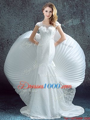 Mermaid Scoop White Chiffon and Lace Zipper Wedding Gowns Short Sleeves With Brush Train Lace and Bowknot and Pleated