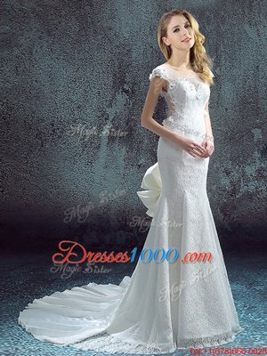 Mermaid Scoop White Chiffon and Lace Zipper Wedding Gowns Short Sleeves With Brush Train Lace and Bowknot and Pleated