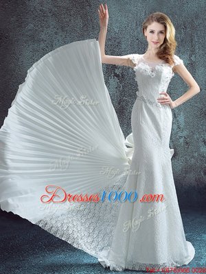 Mermaid Scoop White Chiffon and Lace Zipper Wedding Gowns Short Sleeves With Brush Train Lace and Bowknot and Pleated