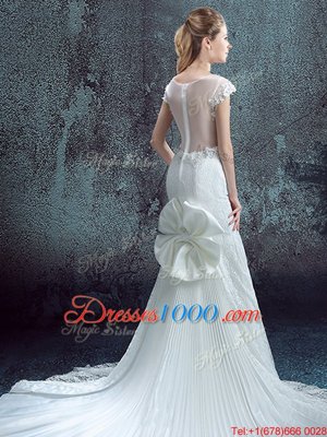 Mermaid Scoop White Chiffon and Lace Zipper Wedding Gowns Short Sleeves With Brush Train Lace and Bowknot and Pleated