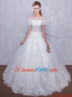 Graceful See Through Ball Gowns Wedding Gowns White Scoop Tulle Short Sleeves Floor Length Lace Up