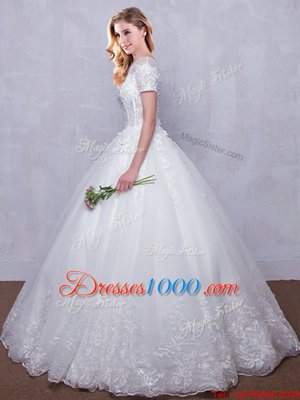 Graceful See Through Ball Gowns Wedding Gowns White Scoop Tulle Short Sleeves Floor Length Lace Up