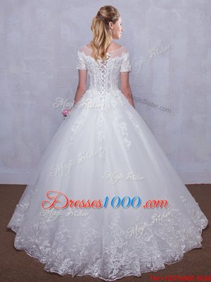 Graceful See Through Ball Gowns Wedding Gowns White Scoop Tulle Short Sleeves Floor Length Lace Up