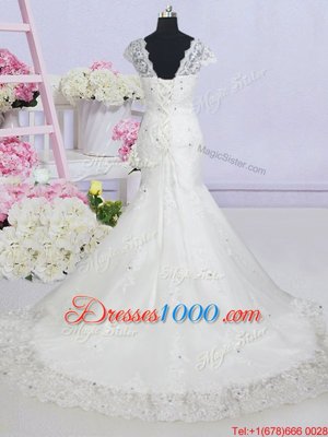 With Train Mermaid Cap Sleeves White Wedding Gown Brush Train Lace Up