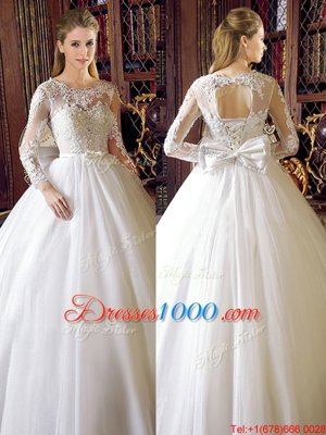 White Scoop Neckline Lace and Bowknot Wedding Gown Long Sleeves Lace Up