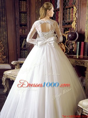 White Scoop Neckline Lace and Bowknot Wedding Gown Long Sleeves Lace Up