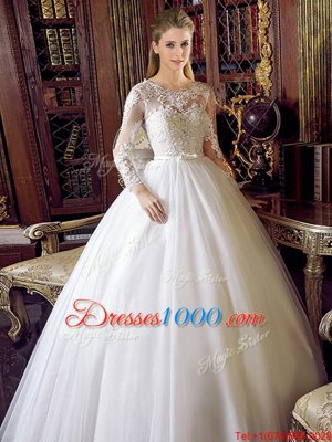 White Scoop Neckline Lace and Bowknot Wedding Gown Long Sleeves Lace Up