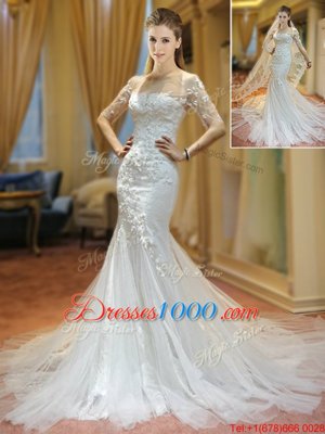 Mermaid White Scoop Lace Up Appliques Bridal Gown Brush Train Half Sleeves