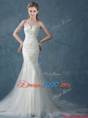 Mermaid White Scoop Lace Up Appliques Bridal Gown Brush Train Half Sleeves