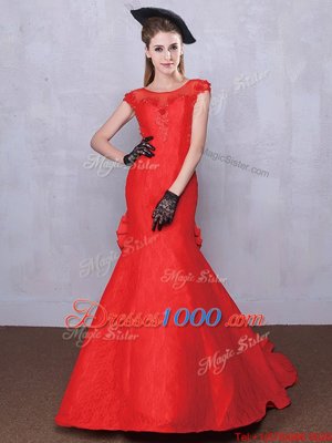 Attractive Pleated Brush Train Mermaid Bridal Gown Red Scoop Taffeta and Lace Short Sleeves Zipper