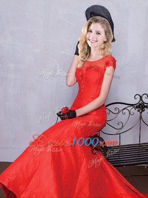 Attractive Pleated Brush Train Mermaid Bridal Gown Red Scoop Taffeta and Lace Short Sleeves Zipper