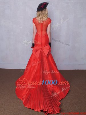 Attractive Pleated Brush Train Mermaid Bridal Gown Red Scoop Taffeta and Lace Short Sleeves Zipper