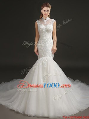 Mermaid White Tulle Zipper High-neck Sleeveless With Train Wedding Gown Court Train Lace and Appliques