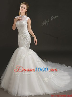 Mermaid White Tulle Zipper High-neck Sleeveless With Train Wedding Gown Court Train Lace and Appliques