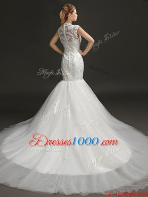 Mermaid White Tulle Zipper High-neck Sleeveless With Train Wedding Gown Court Train Lace and Appliques