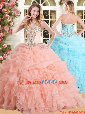 Vintage Peach Lace Up Quinceanera Dress Appliques and Ruffles and Pick Ups Sleeveless Floor Length