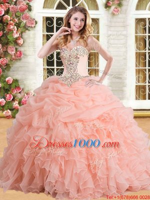 Vintage Peach Lace Up Quinceanera Dress Appliques and Ruffles and Pick Ups Sleeveless Floor Length