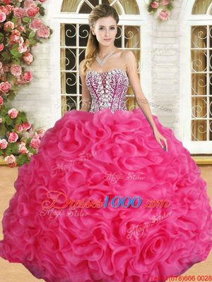 Hot Pink Quinceanera Dresses Military Ball and Sweet 16 and Quinceanera and For with Beading and Ruffles Sweetheart Sleeveless Lace Up