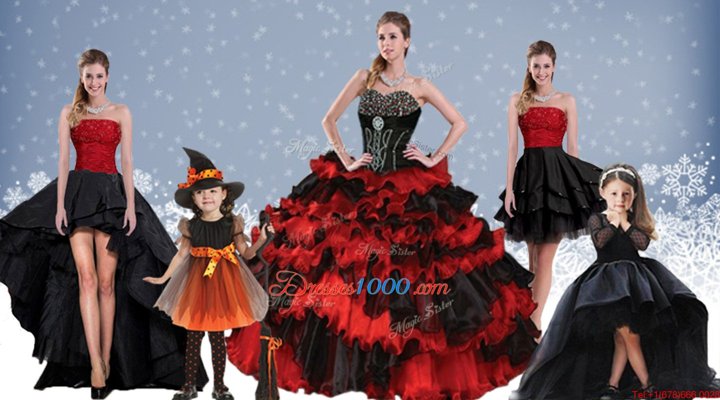 Beading and Ruffled Layers Ball Gown Prom Dress Red And Black Lace Up Sleeveless Floor Length