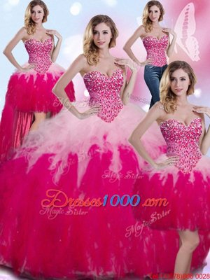 Deluxe Four Piece Multi-color Lace Up Sweetheart Beading and Ruffles Quinceanera Gown Tulle Sleeveless