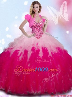 Deluxe Four Piece Multi-color Lace Up Sweetheart Beading and Ruffles Quinceanera Gown Tulle Sleeveless