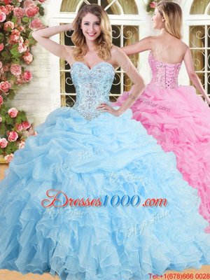 High Class Baby Blue Tulle Lace Up Quinceanera Gown Sleeveless Floor Length Beading and Appliques and Ruffles and Pick Ups