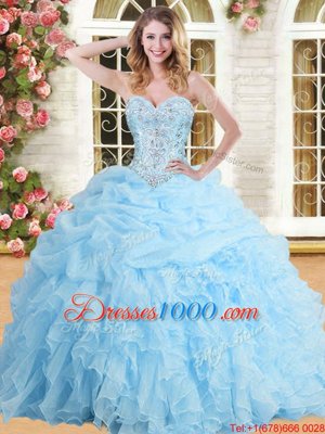 High Class Baby Blue Tulle Lace Up Quinceanera Gown Sleeveless Floor Length Beading and Appliques and Ruffles and Pick Ups