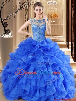 Royal Blue Lace Up Scoop Beading and Ruffles Sweet 16 Dresses Organza Sleeveless