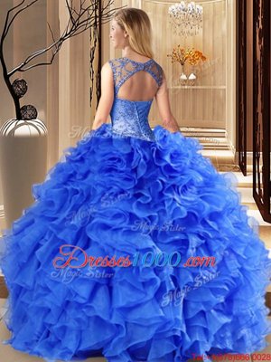 Royal Blue Lace Up Scoop Beading and Ruffles Sweet 16 Dresses Organza Sleeveless