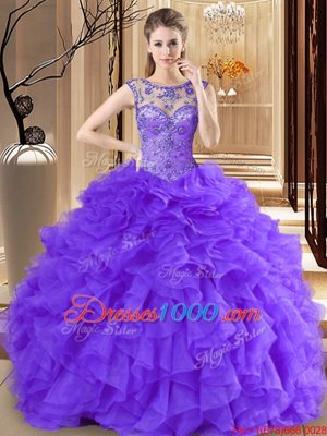 High Quality Scoop Purple Sleeveless Organza Lace Up Quince Ball Gowns for Military Ball and Sweet 16 and Quinceanera