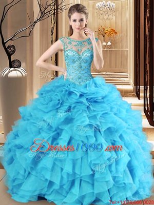 Baby Blue Ball Gowns Scoop Sleeveless Organza Floor Length Lace Up Beading and Ruffles Sweet 16 Dresses
