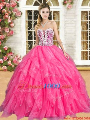 Ball Gowns Quinceanera Dress Hot Pink Sweetheart Organza Sleeveless Floor Length Lace Up