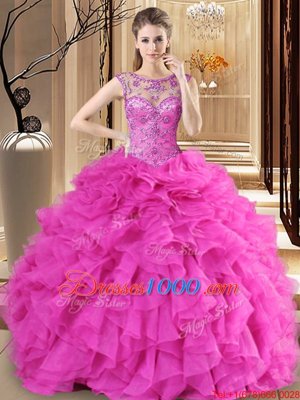 Scoop Beading and Ruffles Vestidos de Quinceanera Hot Pink Lace Up Sleeveless Floor Length